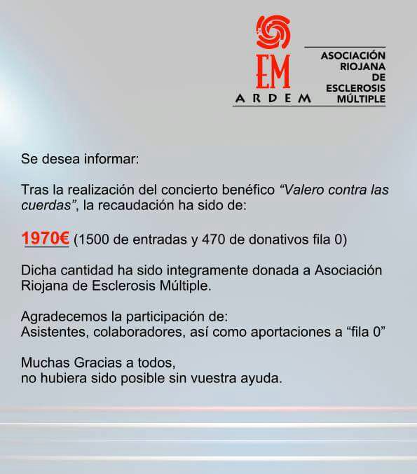 Donación del concierto «Valero contra las cuerdas» a ARDEM